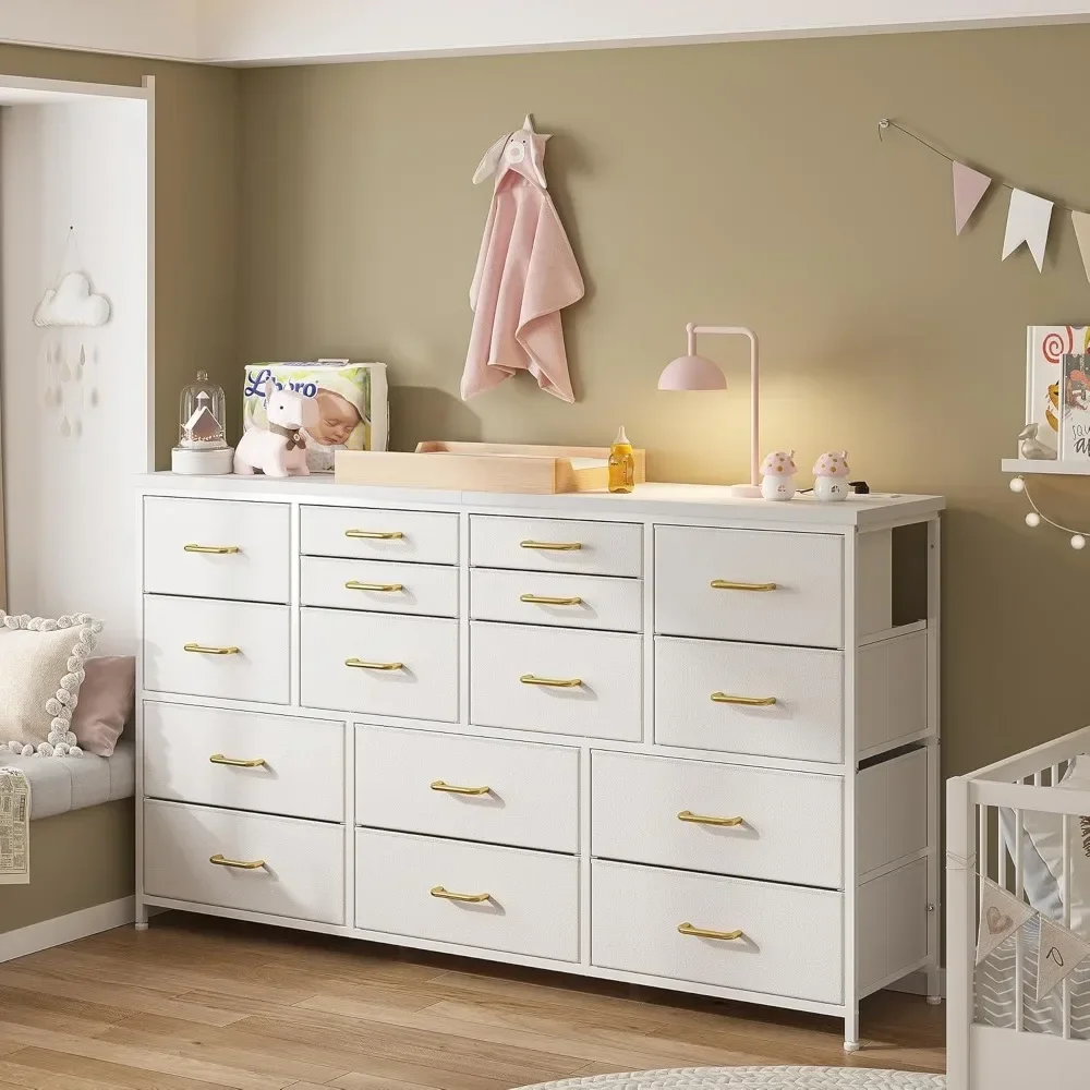 Dresser TV Stand with Power Outlet & USB White Dresser for Bedroom with 16 Drawers TV Stands for Living Room TV - Image 6