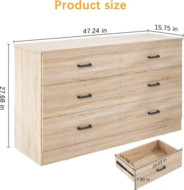 Wood Dresser for Bedroom, 6 Drawer Double Dresser, Modern Chest of Drawers with Deep Drawers, Large Storage - Image 3