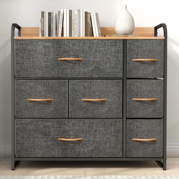 7 Drawers Dresser Fabric Storage Tower Wooden Top Shelf Modern Organizer, Dark Gray