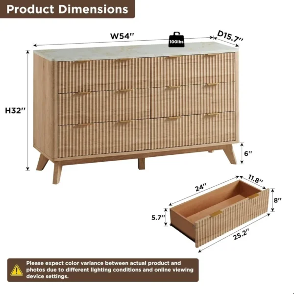 Fluted Drawers Dresser, " Wide Modern Chest of Drawers with Faux Marble Top, Curved Profile Design, Dresser TV Stand - Image 2