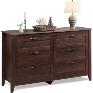 6 Drawer Dresser, Retro Chest of Drawers with Metal Handle, Double Wood Dresser for Bedroom, Living Room, Large Storage Cabinet