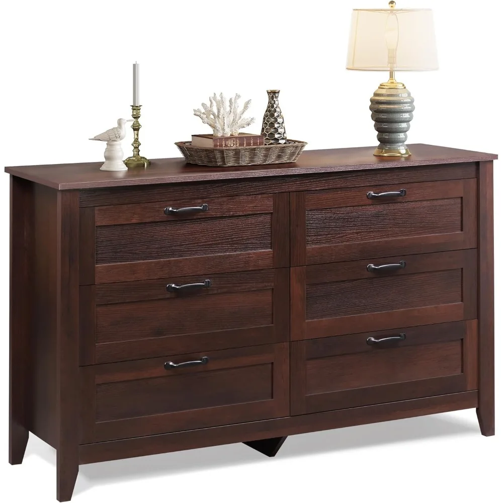6 Drawer Dresser, Retro Chest of Drawers with Metal Handle, Double Wood Dresser for Bedroom, Living Room, Large Storage Cabinet
