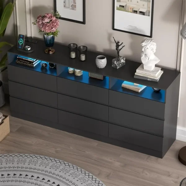 9 Drawer Dresser with Power Outlet, Modern Chest of Drawers with LED Light, Long Wide Drawer Dresser Organizer Cabinet Dresser - Image 2