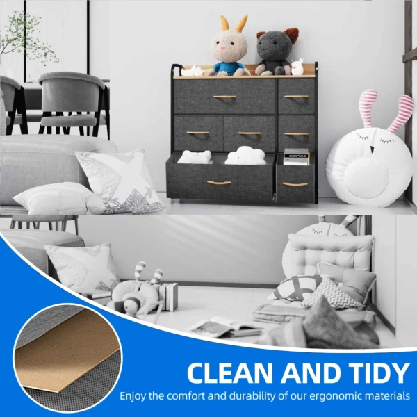 7 Drawers Dresser Fabric Storage Tower Wooden Top Shelf Modern Organizer, Dark Gray - Image 5