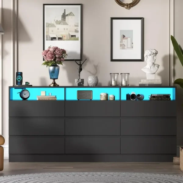 9 Drawer Dresser with Power Outlet, Modern Chest of Drawers with LED Light, Long Wide Drawer Dresser Organizer Cabinet Dresser - Image 3