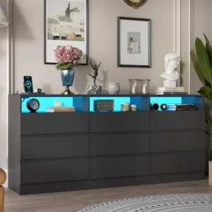 9 Drawer Dresser with Power Outlet, Modern Chest of Drawers with LED Light, Long Wide Drawer Dresser Organizer Cabinet Dresser