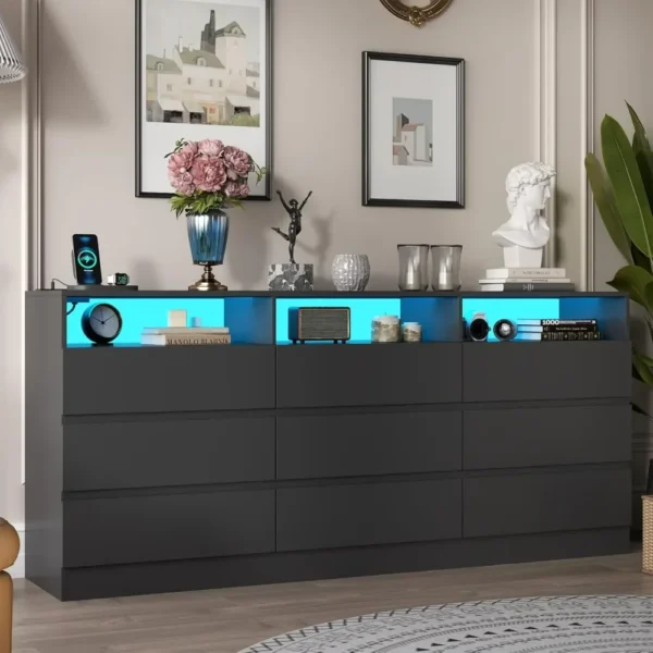 9 Drawer Dresser with Power Outlet, Modern Chest of Drawers with LED Light, Long Wide Drawer Dresser Organizer Cabinet Dresser