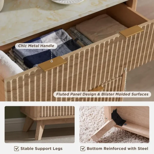 Fluted Drawers Dresser, " Wide Modern Chest of Drawers with Faux Marble Top, Curved Profile Design, Dresser TV Stand - Image 6