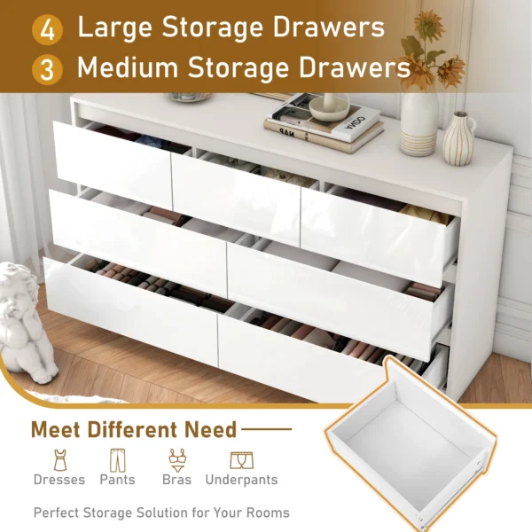 7 Drawer Dresser for Bedroom, 55 Inch Modern Dresser with High Gloss Drawers, Large Wood Chest of Drawer, White/Black - Image 3