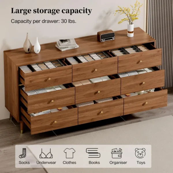 9 Drawer Dresser,63" Wide Mid Century Modern Chest of Drawers,Wooden Bedroom Drawer Dresser with 9 Storage Drawers - Image 3