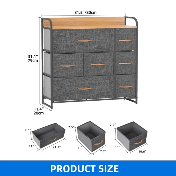 7 Drawers Dresser Fabric Storage Tower Wooden Top Shelf Modern Organizer, Dark Gray - Image 6
