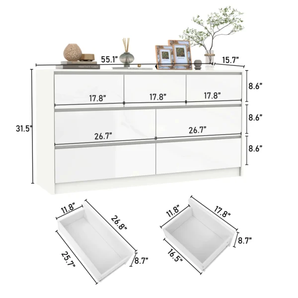 7 Drawer Dresser for Bedroom, 55 Inch Modern Dresser with High Gloss Drawers, Large Wood Chest of Drawer, White/Black - Image 6