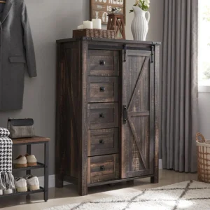 5 Drawers Dresser for Bedroom w/Sliding Barn Door, Farmhouse Modern Tall Dresser 5 Chest of Drawers, Dark Rustic Oak