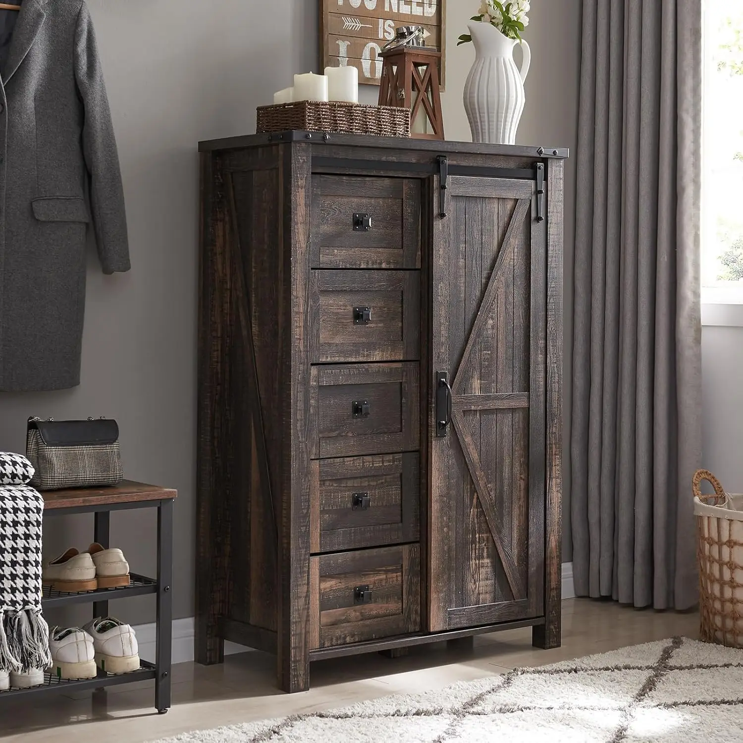 5 Drawers Dresser for Bedroom w/Sliding Barn Door, Farmhouse Modern Tall Dresser 5 Chest of Drawers, Dark Rustic Oak