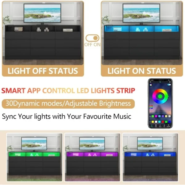9 Drawer Dresser with Power Outlet, Modern Chest of Drawers with LED Light, Long Wide Drawer Dresser Organizer Cabinet Dresser - Image 5