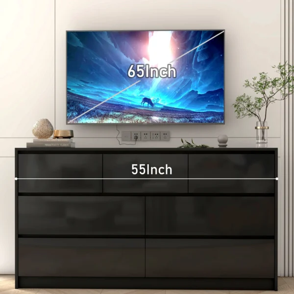 7 Drawer Dresser for Bedroom, 55 Inch Modern Dresser with High Gloss Drawers, Large Wood Chest of Drawer, White/Black - Image 2