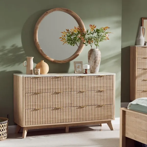 Fluted Drawers Dresser, " Wide Modern Chest of Drawers with Faux Marble Top, Curved Profile Design, Dresser TV Stand - Image 3
