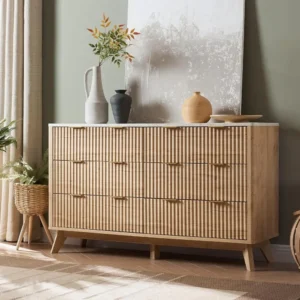 Fluted Drawers Dresser, " Wide Modern Chest of Drawers with Faux Marble Top, Curved Profile Design, Dresser TV Stand