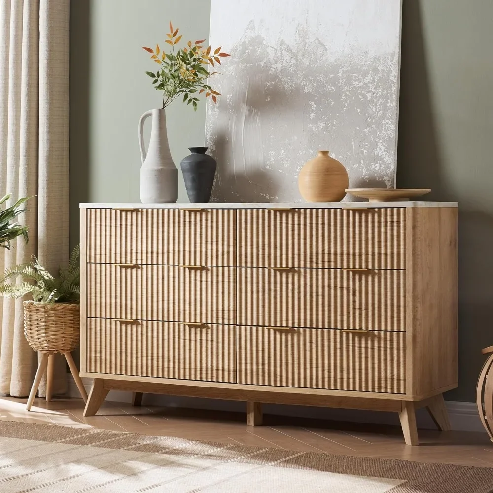 Fluted Drawers Dresser, " Wide Modern Chest of Drawers with Faux Marble Top, Curved Profile Design, Dresser TV Stand